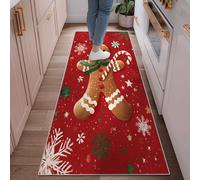 Gingerbread Man Runner Rug, Christmas Festive Candy Cane Snowflakes Christmas Red Low Pile Edge Binding Home Rectangle Carpet for Kitchen Entryway Laundry Hallway Decor 2x6 Ft