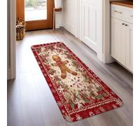 Gingerbread Man Runner Rug, Christmas Festive Holly Leaves Snowflakes Christmas Red Low Pile Sponge Rectangle Floor Carpets Edge Binding for Kitchen Laundry Room Doorway Entryway Decor 2x5 Ft