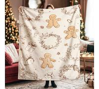 Gingerbread Man Throw Blanket, Christmas Festive Wreath Gift Box Xmas Beige Fuzzy Blanket Compact Decorative Aesthetic for Couch Sofa Bed Car Chair Office Desk 50x60 Inch