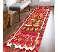 Gingerbread Runner Rug, Christmas Festive Candy Cane Biscuit Xmas Red Low Pile Rectangle Floor Carpets Edge Binding for Kitchen Bedside Entryway Hallway Decor 2x8 Ft