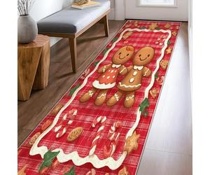 Gingerbread Runner Rug, Christmas Festive Candy Cane Biscuit Xmas Red Low Pile Rectangle Floor Carpets Edge Binding for Kitchen Bedside Entryway Hallway Decor 2x8 Ft