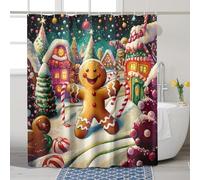 Gingerbread Shower Curtain, Festive Holiday Decor with Candy Cane and Snow Scene, Christmas Cheer Waterproof Fabric Shower Curtain Set for Bathroom 62x72 Inch