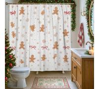 Gingerbread Shower Curtain, Festive Holiday Red Brown Snowflake Bathroom Decor, Winter Christmas Modern Cute Waterproof Fabric Shower Curtain with Hooks 62x72 Inch