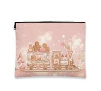 Gingerbread Train Makeup Bag, Peach Sweet Treats Cosmetic Travel Pouch for Women, Portable Small Canvas Zipper Organizer, Holiday Skincare Toiletry Bag, Peach, 7x9 Inch, Gingerbread