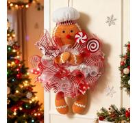 Gingerbread Wreath, Gingerbread Christmas Decorations, Christmas Wreath Handmade Deco Mesh, Lollipop-Decorated GingerbreadDolls, Waterproof Winter Garland for Wall Room Background, Indoor Outdoor