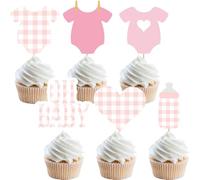 Gingham Baby Shower Cupcake Topper For Girls Plaid Onesie Party Welcome Newborn Food Decoration 36 Pcs Pink