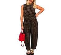 Gingham Co Ord Sets for Women Summer Lounge Wear Sets 2 Piece Outfits Gingham Check Print Sleeveless Top and Trousers ladies Travel Outfit Airport Set for Vacation Beach Holiday 2026