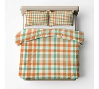 Gingham Duvet Cover Super King Bedding Set, Teal Orange Beige Checkered Plaid Pattern, Reversible Design Bedroom Decor Bed Quilt Cover with 2 Pillowcases, Microfiber, Zip - SMK32132