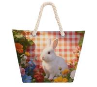 Gingham Garden Large Tote Bag for Women, Waterproof Durable Beach Bag with Hemp Rope Handle, Multifunctional Hemp Rope Shopping Bag for Beach Park Travel Work Daily Use