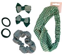 Gingham School Hair Accessories Sets (Green 6 Piece Set Bandeau, 2 Bow Clips, Scrunchie, 2 Ponios, one size)