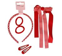 Gingham School Hair Accessories Sets (Red Gingham 6 Piece Set Alice Headband, Long Tail Bow Clip, 2 Ponios, 2 Bendy Clips, one size)