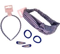 Gingham School Hair Accessories Sets (Royal Blue 6 Piece Set Bandeau, Alice Headband, 2 Ponios, 2 Bendies Grips, one size)