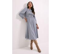 Gingham Shirred Bodice Blouson Sleeve Midi Dress Dorothy Perkins Navy 10