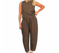 Gingham Summer 2 Pieces Outfit Women Relaxed Boxy Fit Plaid Checked Leisure Wear Sets Loungewear Sleeveless Crewneck Tank Tops High Elastic Waist Cropped Pants Chic Y2k Coordinated Matching Set