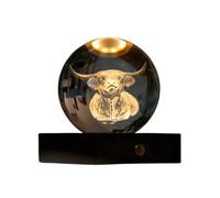 Gingko Design Amber Crystal Light - Highland Cow 3D Etched LED Lamp | Rechargeable Mood Light with Walnut Base | Unique Gift for Animal Lovers & Rustic Home Décor