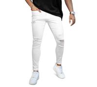 GINGTTO Mens Stretch Jeans Slim Fit Ripped Trousers Super Skinny Jean for Men Destroyed Denim Pants White 32
