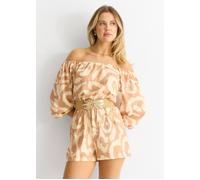 Gini London Beige Abstract Belted Bardot Viscose Playsuit Beige