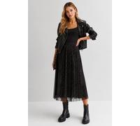 Gini London Black Animal Print Mesh Overlay Pleated Midi Skirt Black
