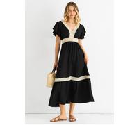 Gini London Black Crochet Lace Panel Elasticated Waist Midi Dress Black L/XL