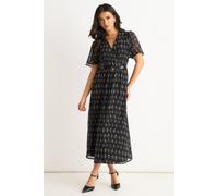 Gini London Black Geo Wrap Front Silk Fit And Flare Midi Dress Black 16