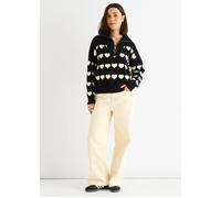 Gini London Black Heart Zip Up Loose Fit Knit Jumper Black