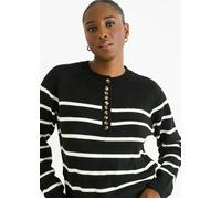 Gini London Black Recycle Stripe Button Up Loose Fit Knit Jumper - S-M (UK 8-10/US 4-6/EU 36-38)