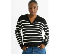 Gini London Black Recycle Stripe V Neck Collar Knit Jumper - S-M (UK 8-10/US 4-6/EU 36-38)