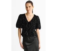 Gini London Black Velvet Sequin Bow Front Bubble Sleeve Top Black