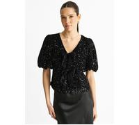 Gini London Black Velvet Sequin Bow Front Bubble Sleeve Top - UK 12 / US 8 / EU 40