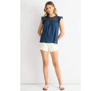 Gini London Blue Crochet Panel Viscose Loose Fit Top In Dark Blue Dark Blue