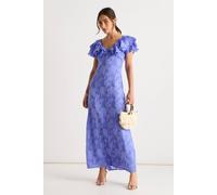 Gini London Blue Satin Jacquard Ruffle Maxi Dress Blue