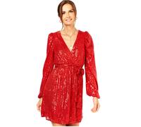 Gini London Bright Red Sequin V Neck Belted Mini Dress Red