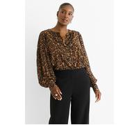 Gini London Brown Chiffon Animal Print Pleated Shift Shirt Blouse Brown S/M
