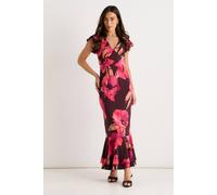 Gini London Brown Ruffle Sleeve Floral Maxi Dress In Chocolate Chocolate
