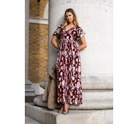 Gini London Burgundy Metallic Jacquard Flutter Sleeves Floral Maxi Dress - UK 12 / US 8 / EU 40