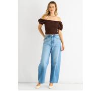 Gini London Chocolate Puff Sleeve Shirred Cotton Top Chocolate