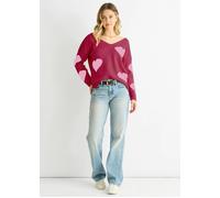 Gini London Dark Pink V Neck Heart Knit Jumper - L-XL (UK 14-16/US 10-12/EU 42-44)