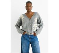 Gini London Grey Floral Appliqué Wool Mix Cardigan Grey