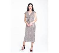 Gini London Gun Metal Sequin Belted Midi Wrap Dress In Light Grey Light Grey 8