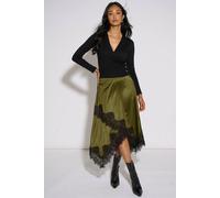 Gini London Khaki Satin Asymmetric Hem Contrast Lace Skirt In Green Green