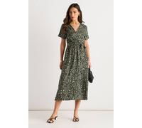 Gini London Khaki Short Sleeve Animal Print Wrap Front Midi Dress Khaki