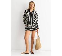 Gini London Mono Border Print Viscose Oversized Shirt In Black Black