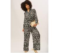 Gini London Mono Ikat Print Wide Leg Trousers In Black Black