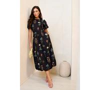 Gini London Navy Cotton Floral Print Puff Ball Midi Dress Navy