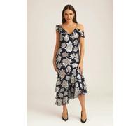 Gini London Navy Floral Clipped Tiered Ruffle Midi Dress - UK 10 / US 6 / EU 38