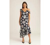 Gini London Navy Floral Clipped Tiered Ruffle Midi Dress - UK 12 / US 8 / EU 40