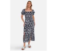 Gini London Navy Puff Sleeves Split Viscose Midi Dress - UK 12 / US 8 / EU 40