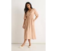 Gini London Oatmeal Spot Print Shirred Waist Shift Midi Dress In Beige Beige