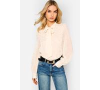 Gini London Oatmeal Tie Neck Long Sleeve Top In Beige Beige