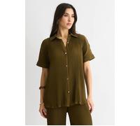 Gini London Olive Plisse Short Sleeve Oversized Shirt In Dark Olive Dark Olive